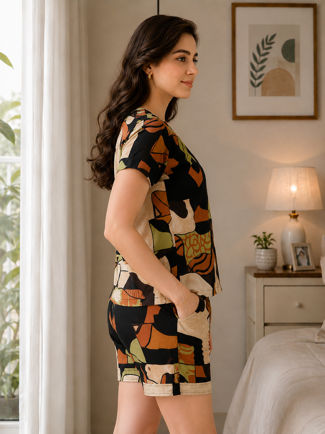 Black Rayon Abstract Printed Night Suit for Women | Claura