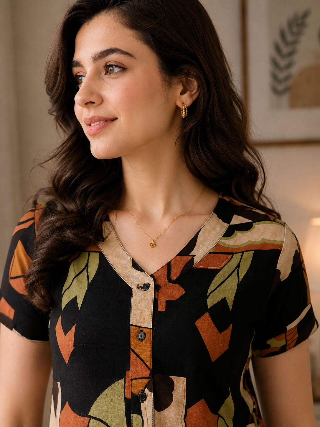Black Rayon Abstract Printed Night Suit for Women | Claura