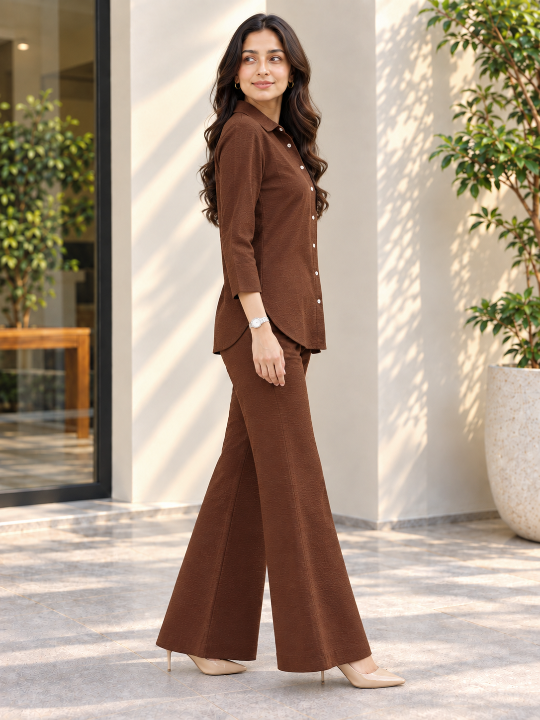 Coffee Coffee Linen Shirt with Embroidered Pocket & Palazzos | Claura