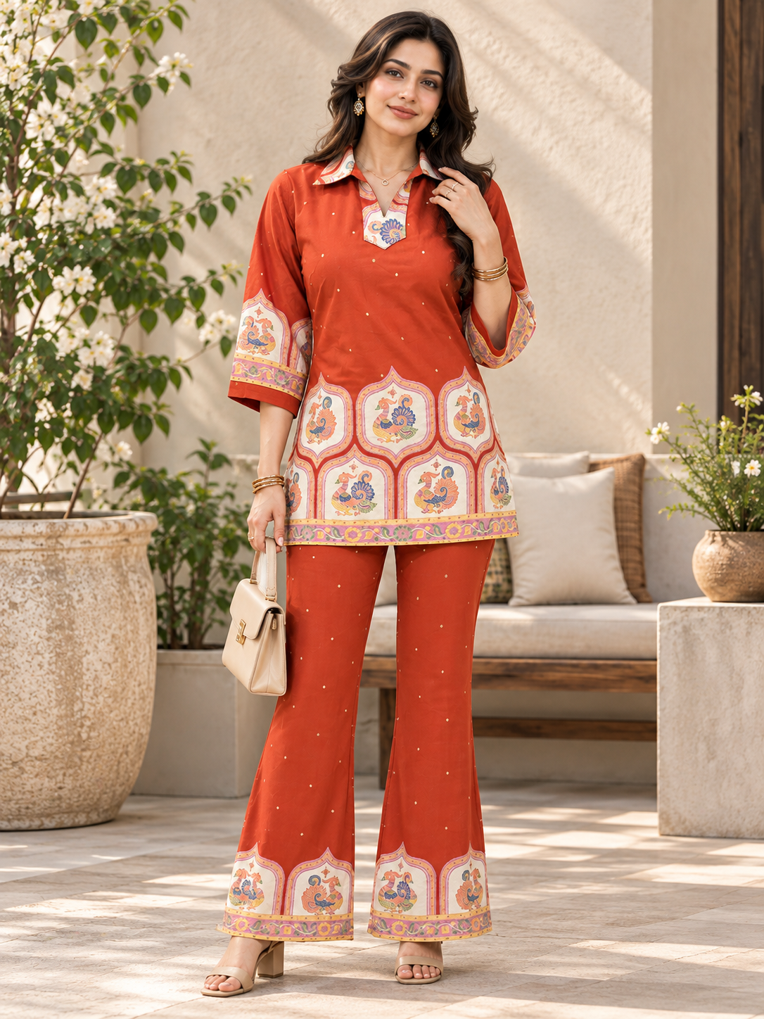 Orange with Cream Tunic Floral Printed Palazzos Set | Claura