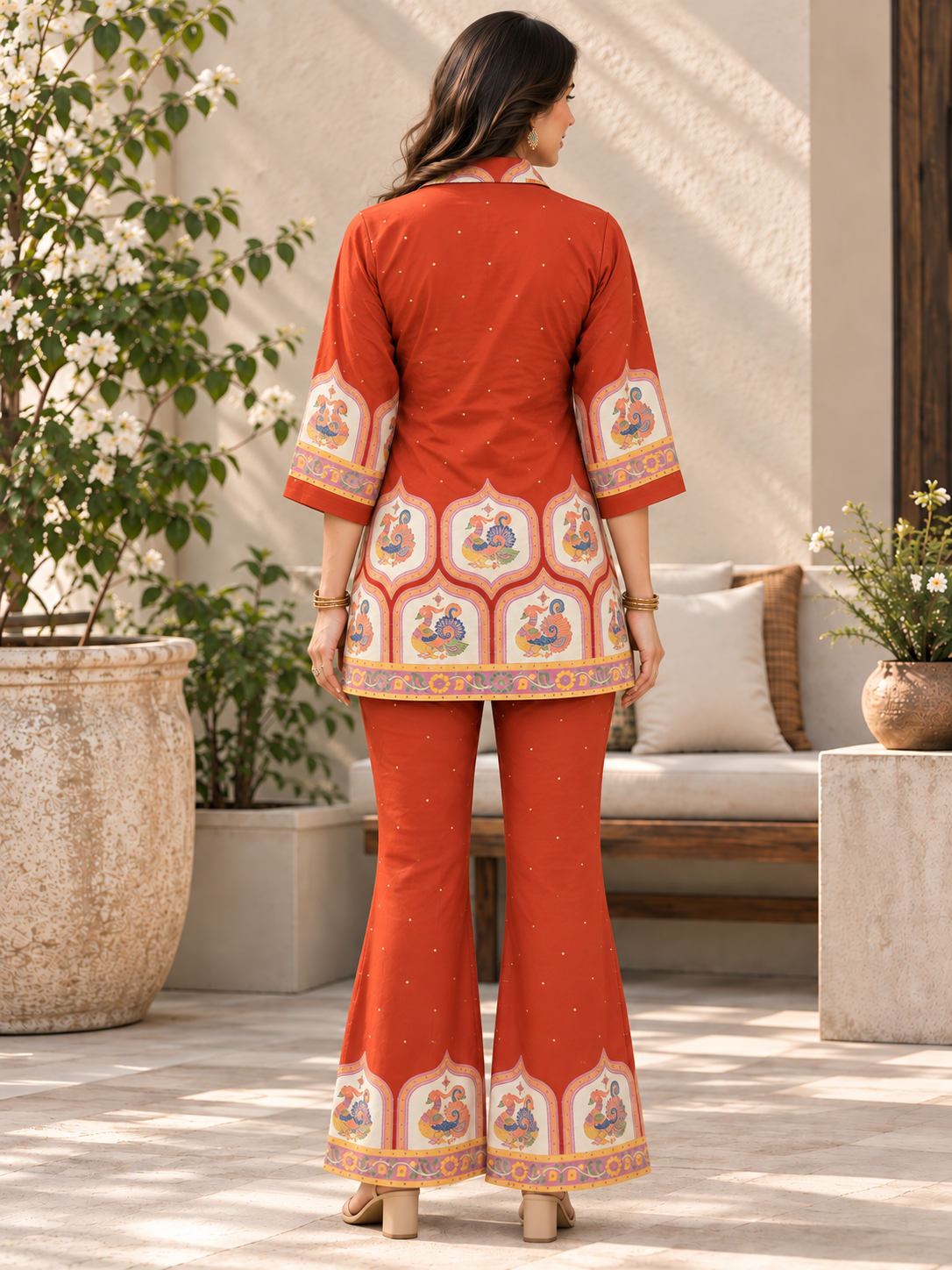 Orange with Cream Tunic Floral Printed Palazzos Set | Claura