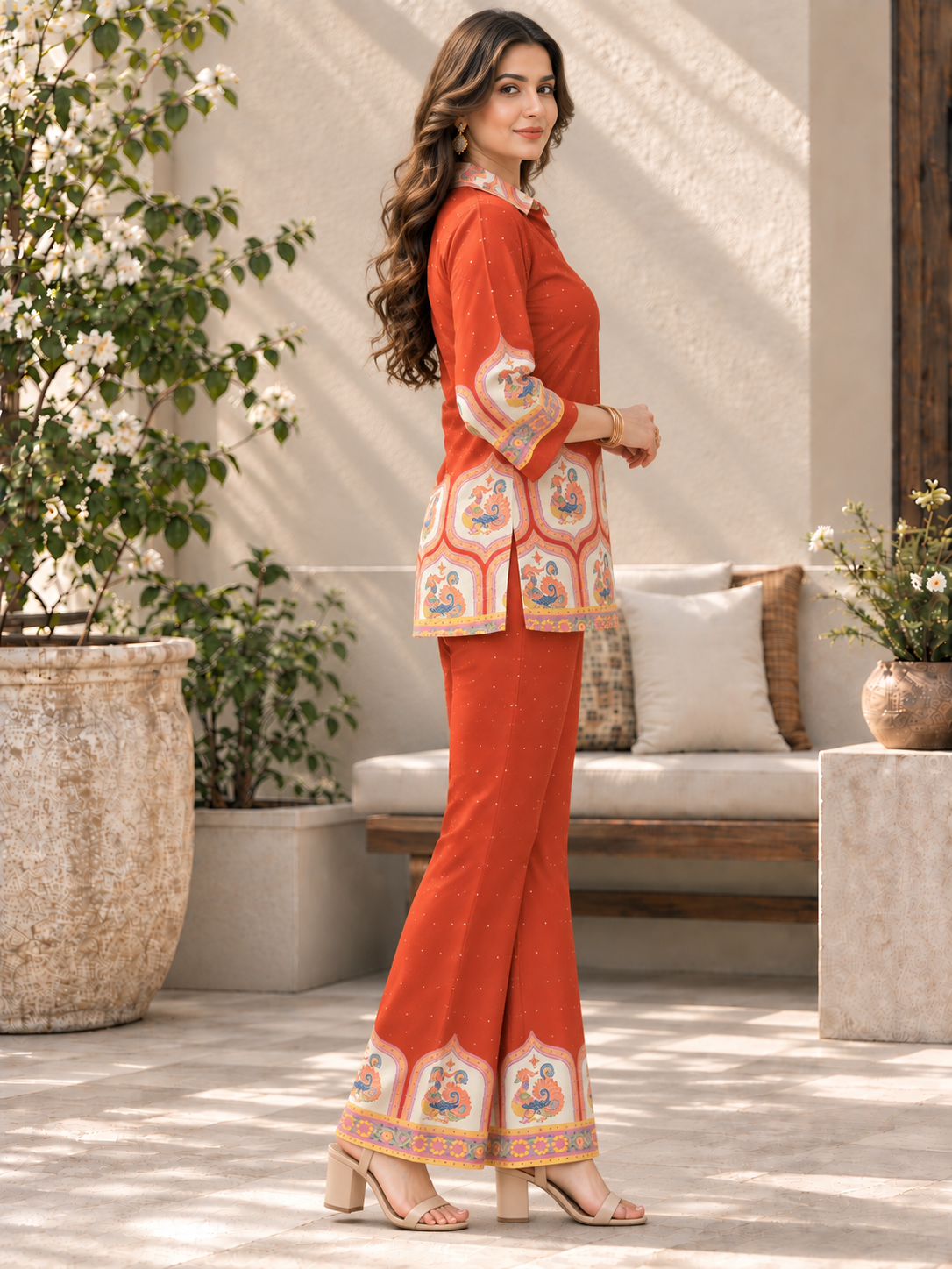 Orange with Cream Tunic Floral Printed Palazzos Set | Claura
