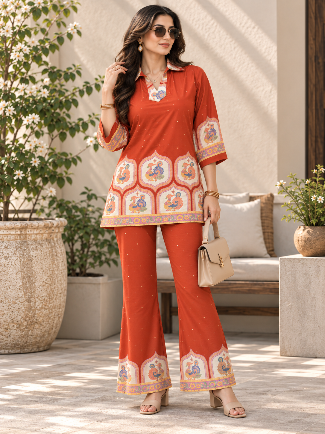 Orange with Cream Tunic Floral Printed Palazzos Set | Claura