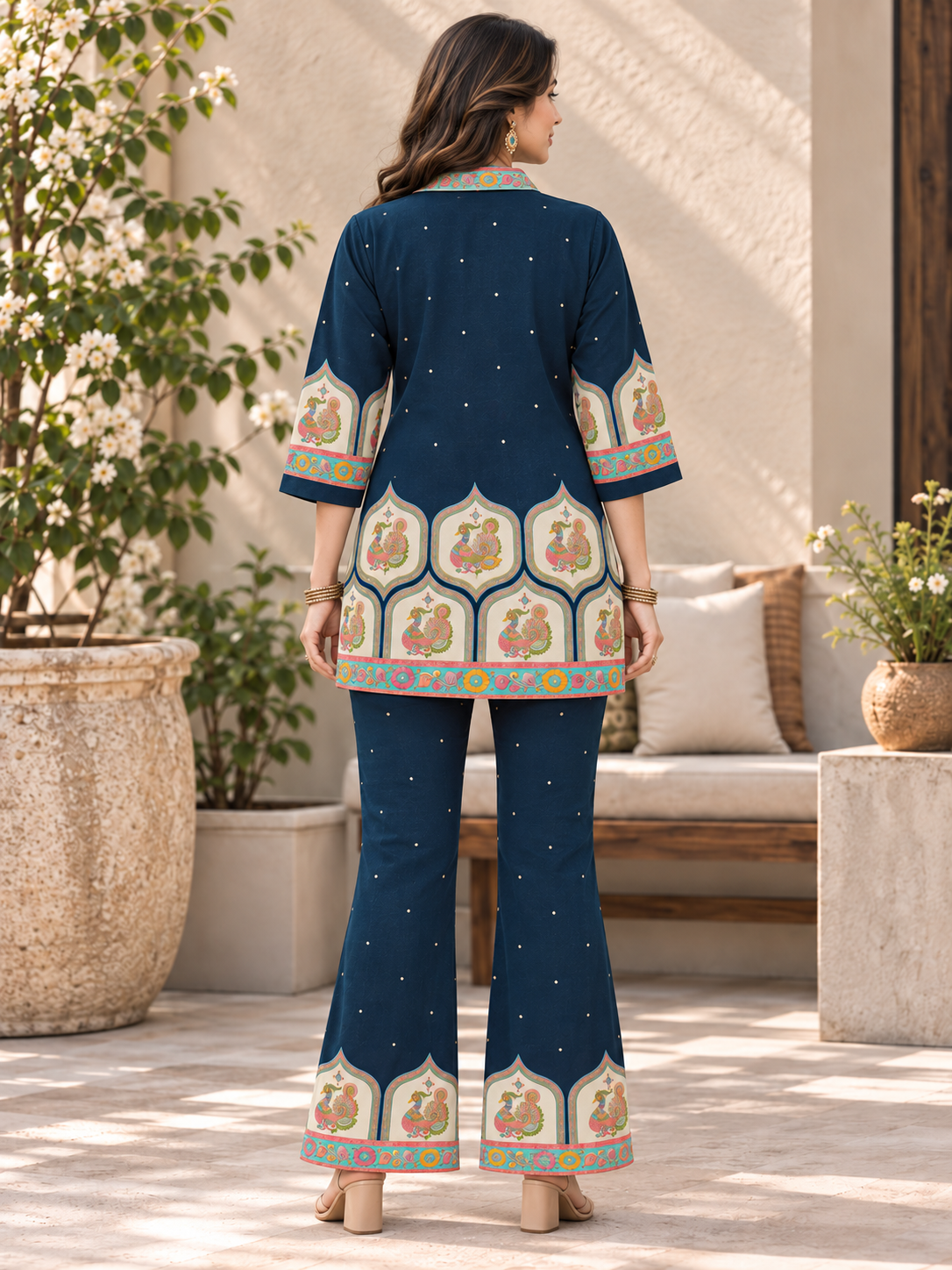 Navy Blue Floral Printed Tunic with Palazzos Set for women | Claura