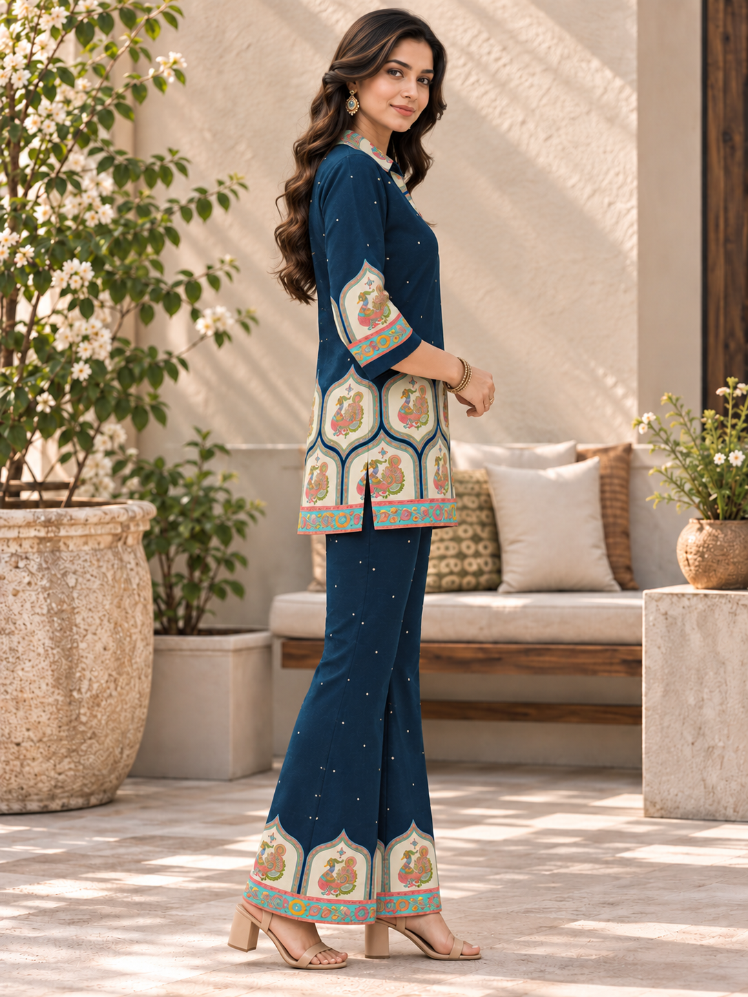 Navy Blue Floral Printed Tunic with Palazzos Set for women | Claura