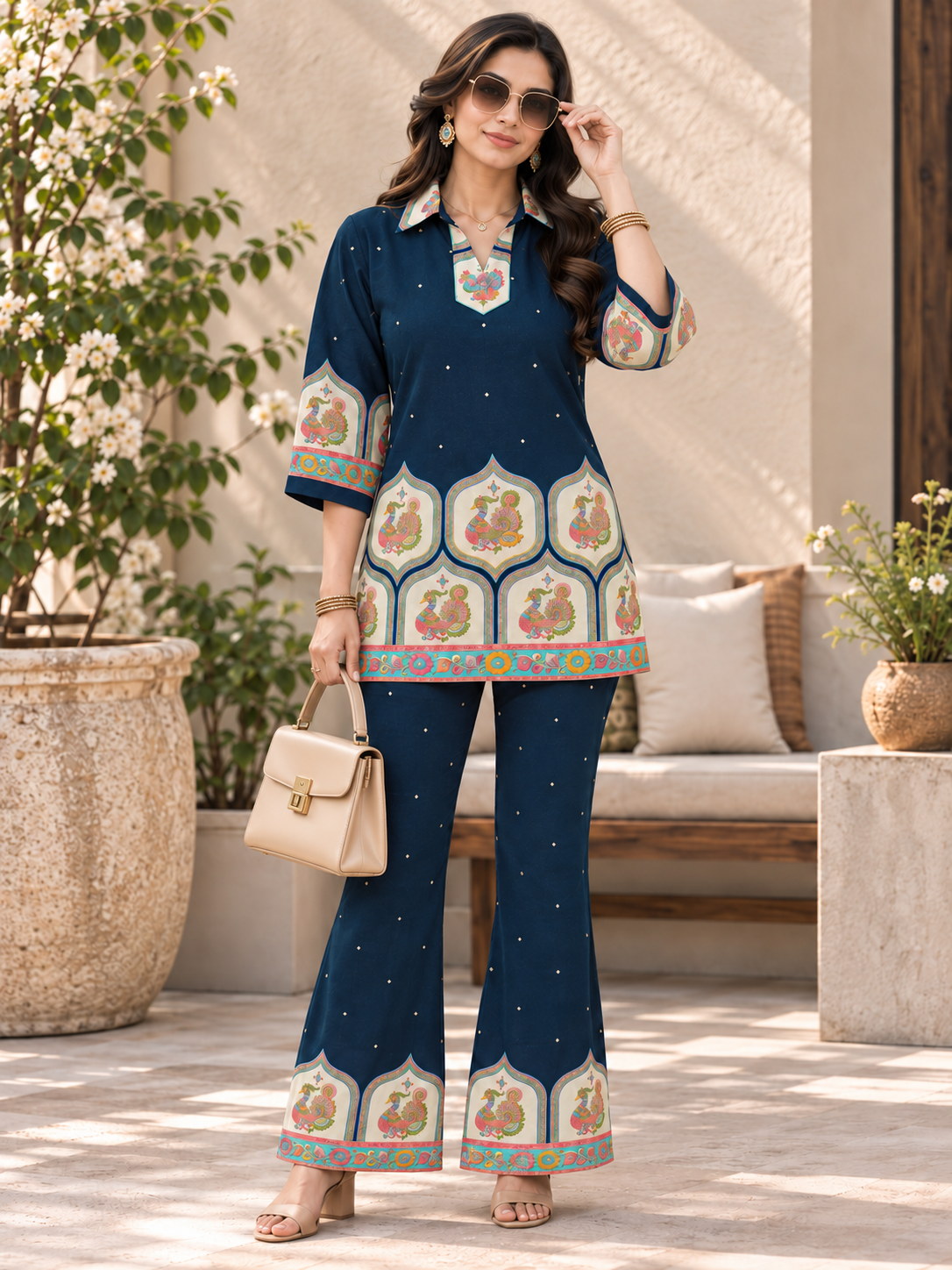 Navy Blue Floral Printed Tunic with Palazzos Set for women | Claura