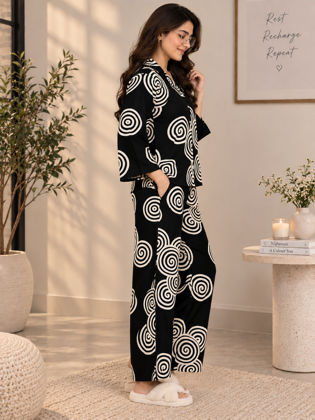 Black Swirl Printed Night Suit with Classic Lapel Collar For Women | Claura