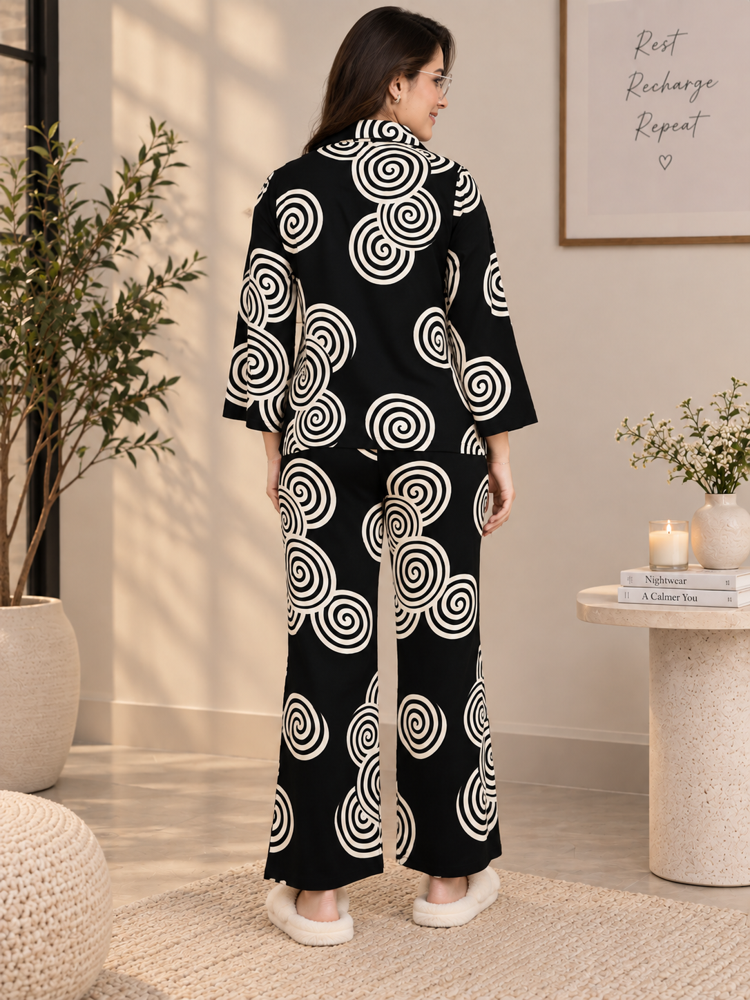 Black Swirl Printed Night Suit with Classic Lapel Collar For Women | Claura