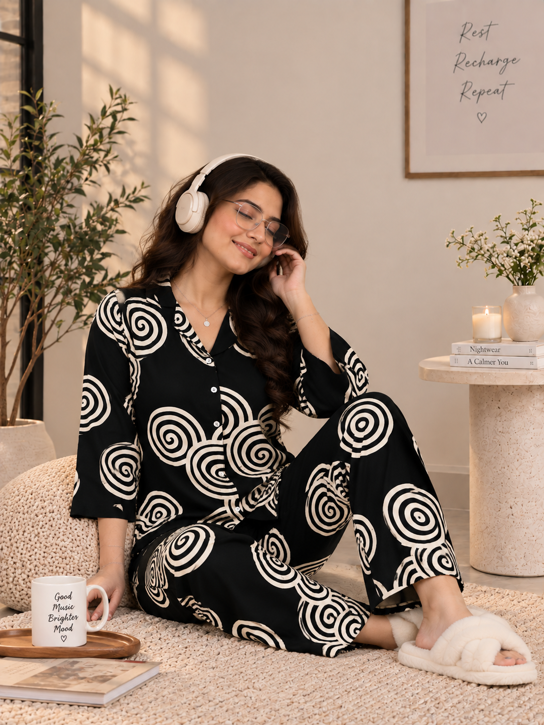 Black Swirl Printed Night Suit with Classic Lapel Collar For Women | Claura