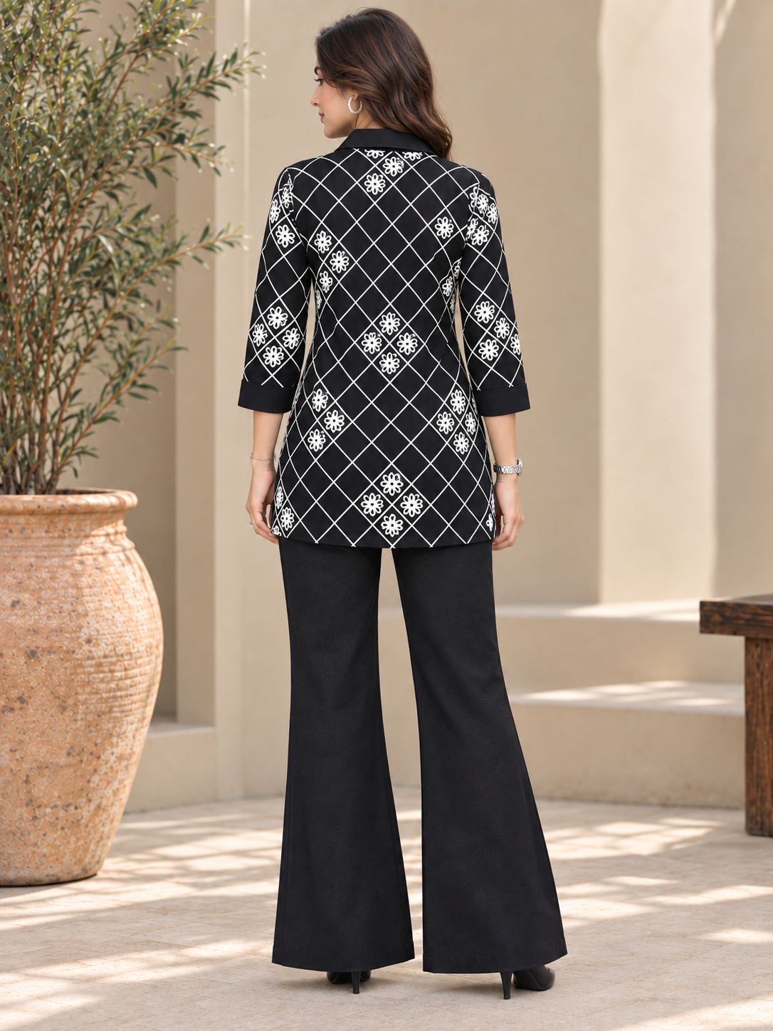 Black & Bloom Embroidered Shirt with Wide-Leg Palazzos | Claura