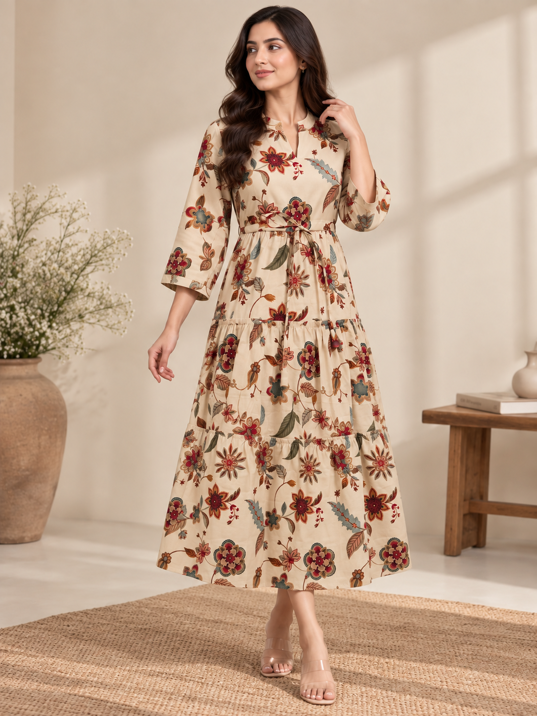 Cream Floral Printed Gathered A-Line Midi Dress | Claura