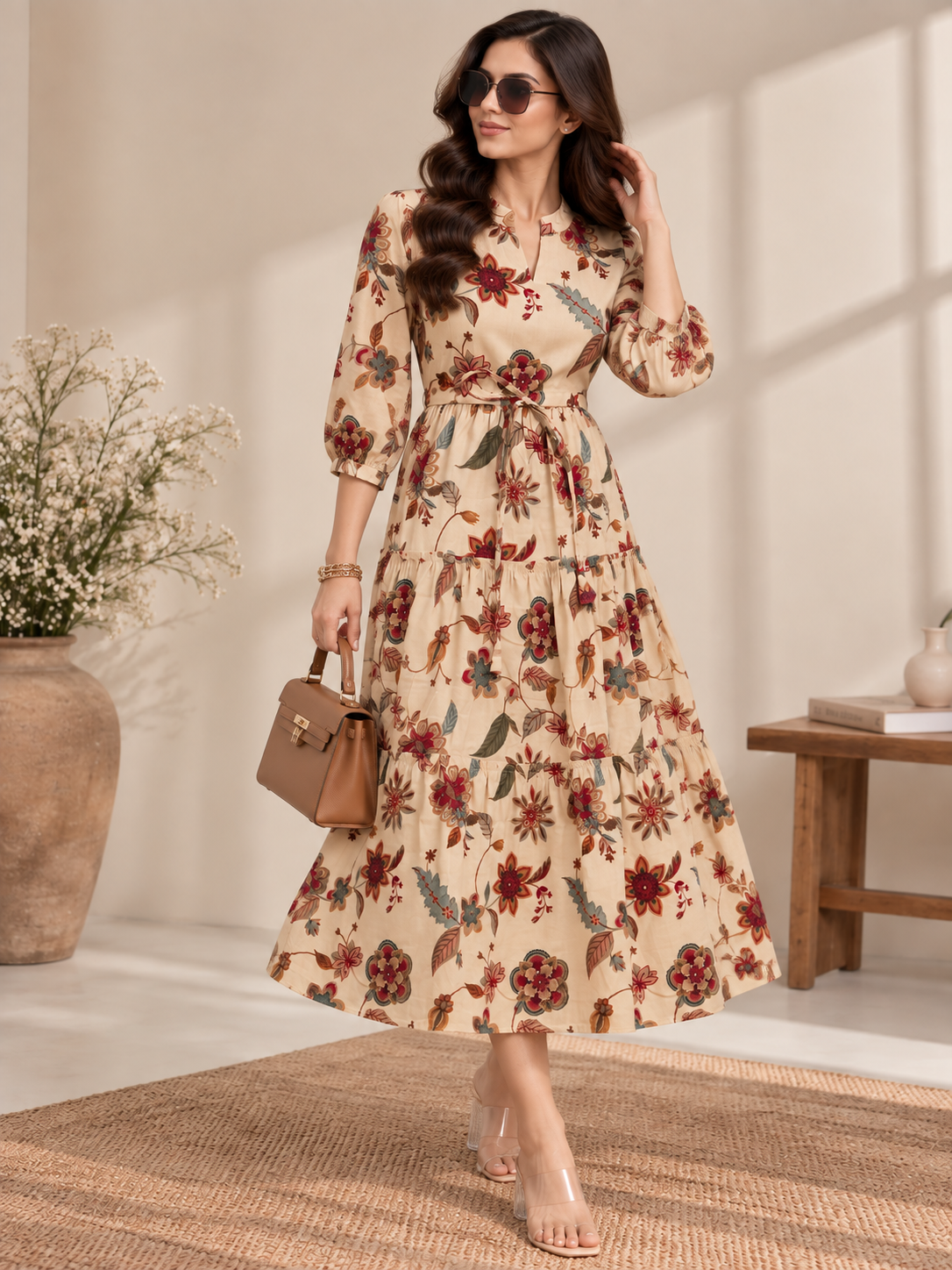 Cream Floral Printed Gathered A-Line Midi Dress | Claura