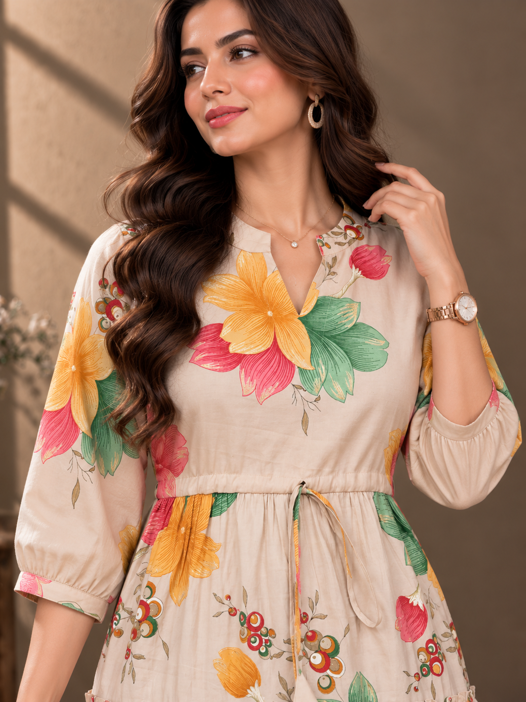 Multi colored Floral Print Tiered A-Line Midi Dress For Women | Claura