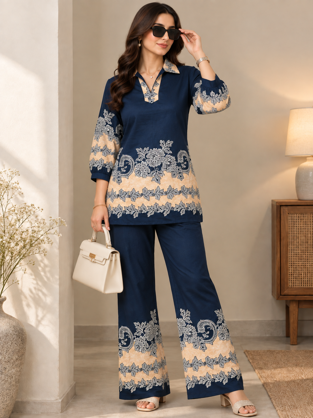 Navy Blue & Beige Floral Printed Tunic with Matching Palazzo Set | Claura