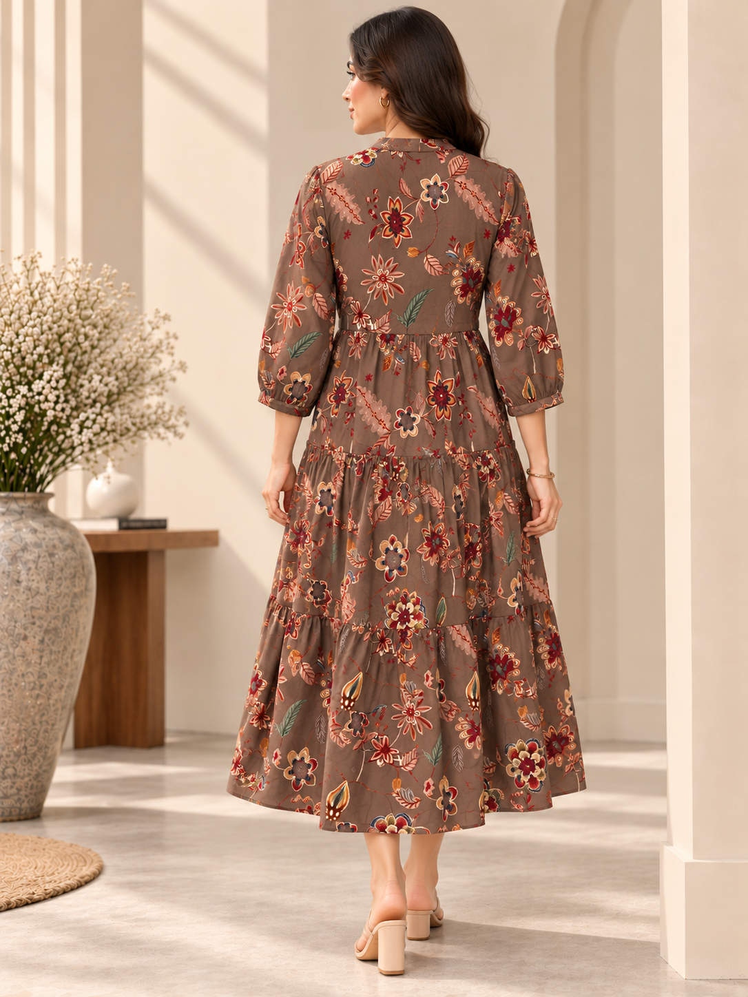 Brown Floral Printed Gathered A-Line Midi Dress | Claura
