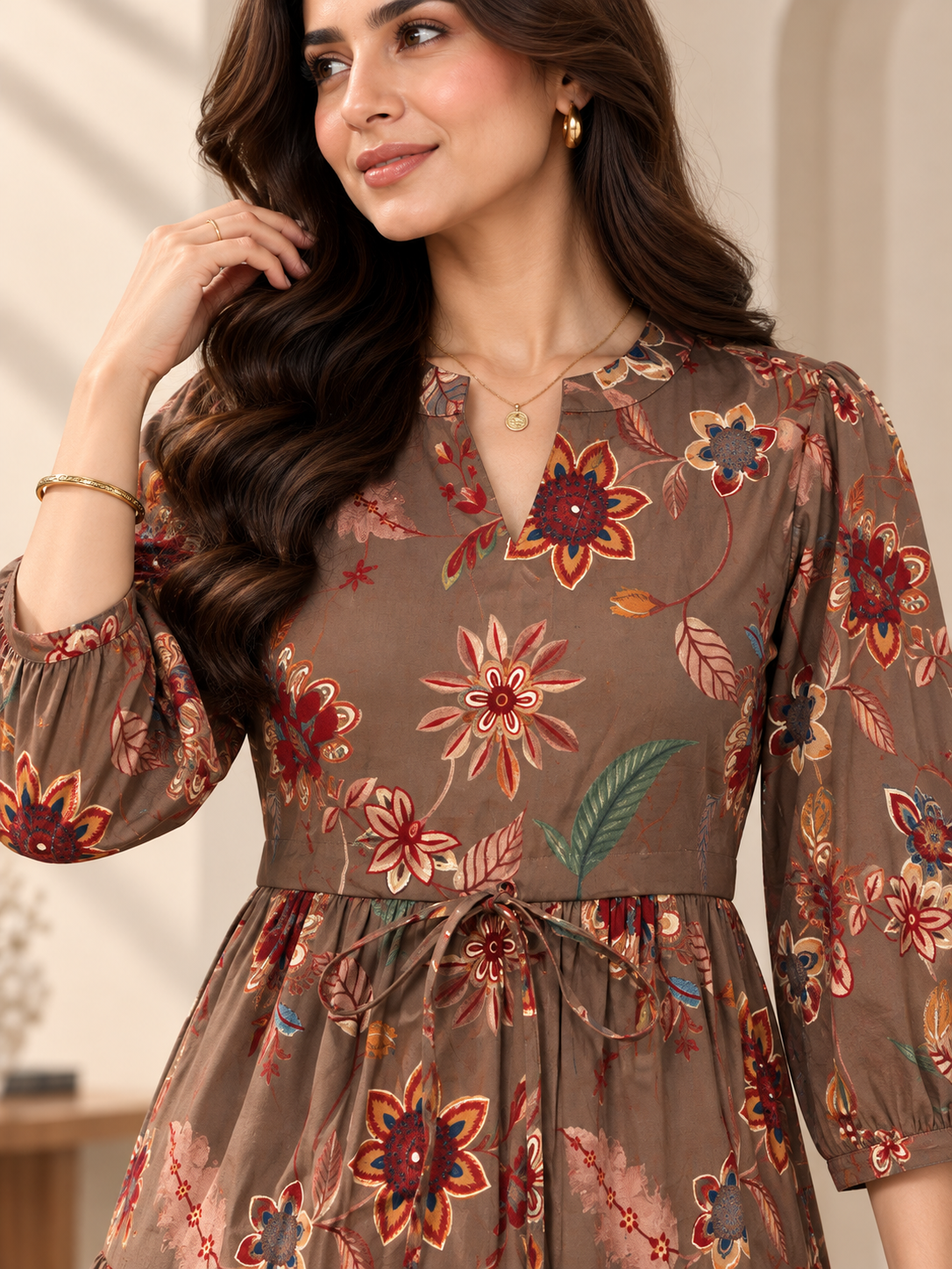 Brown Floral Printed Gathered A-Line Midi Dress | Claura