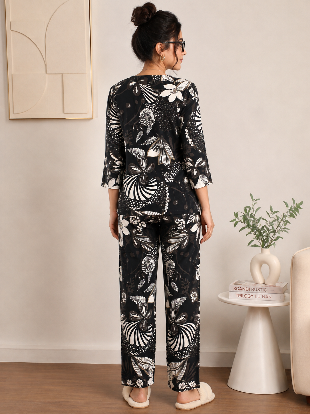 Black Floral Printed Night Suit with V-Neck For Women | Claura