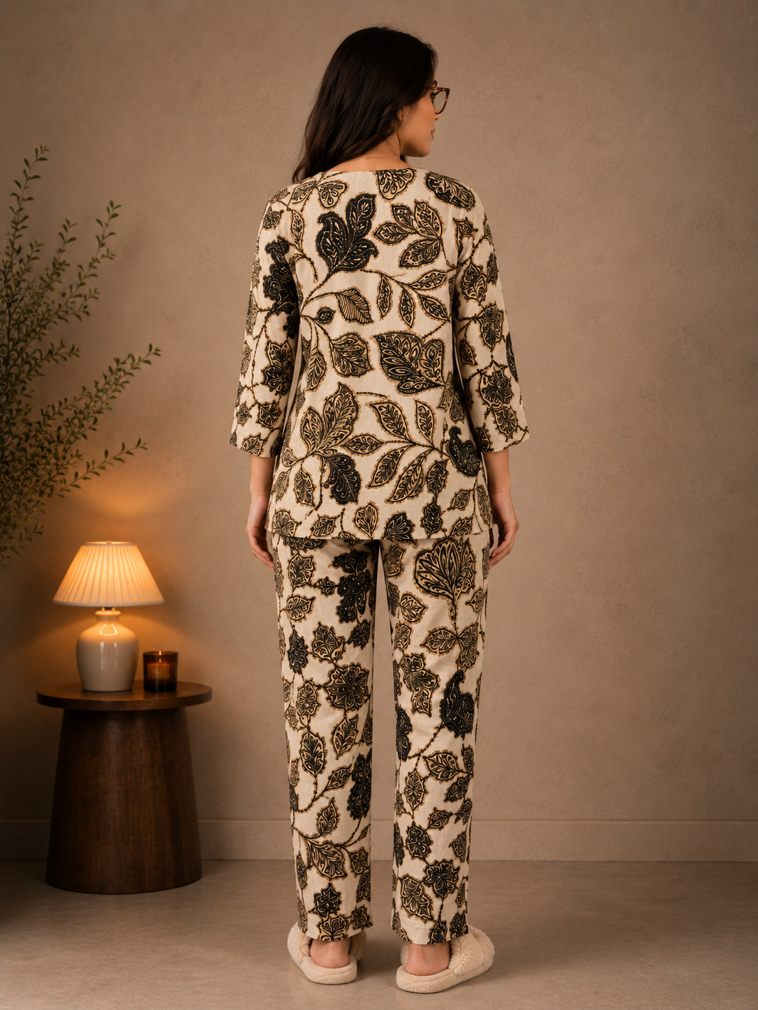 Cream Floral Printed Rayon Night Suit with Elegant Black Motifs | Claura
