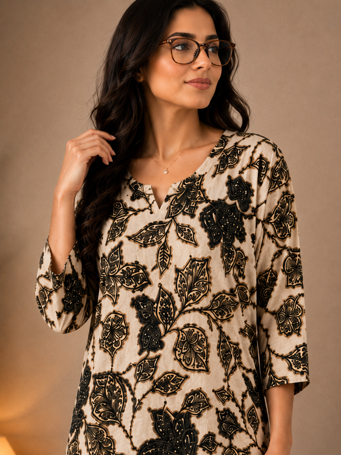 Cream Floral Printed Rayon Night Suit with Elegant Black Motifs | Claura