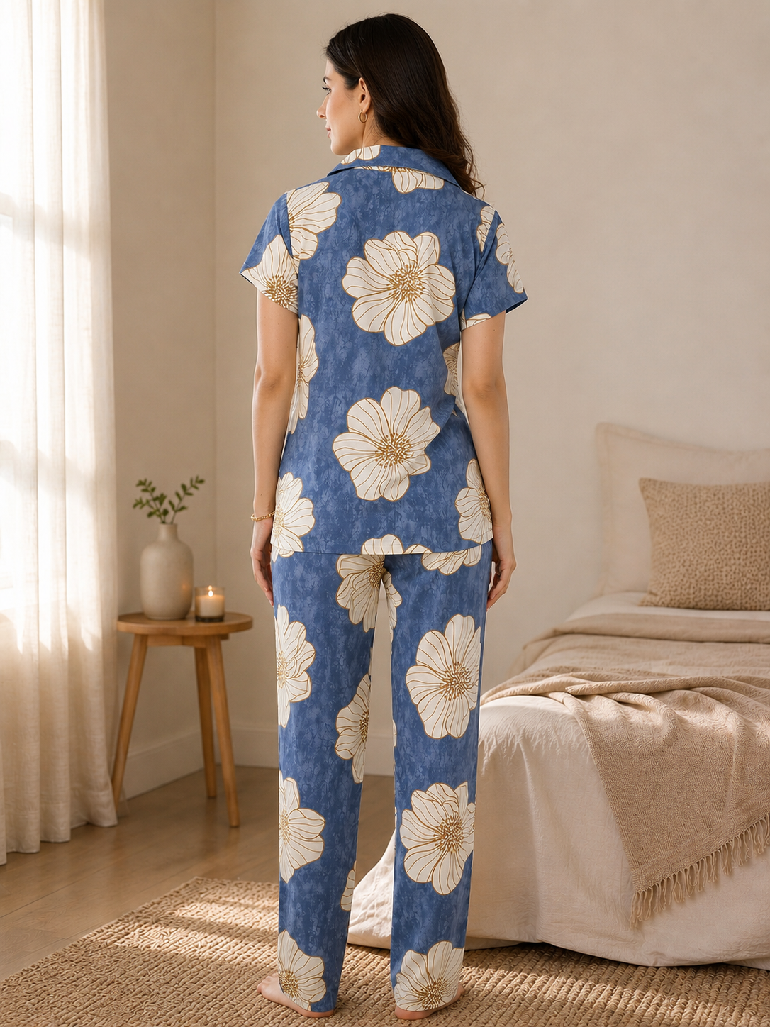 Blue Color Viscose Rayon Floral Printed Night Suit for Women | Claura