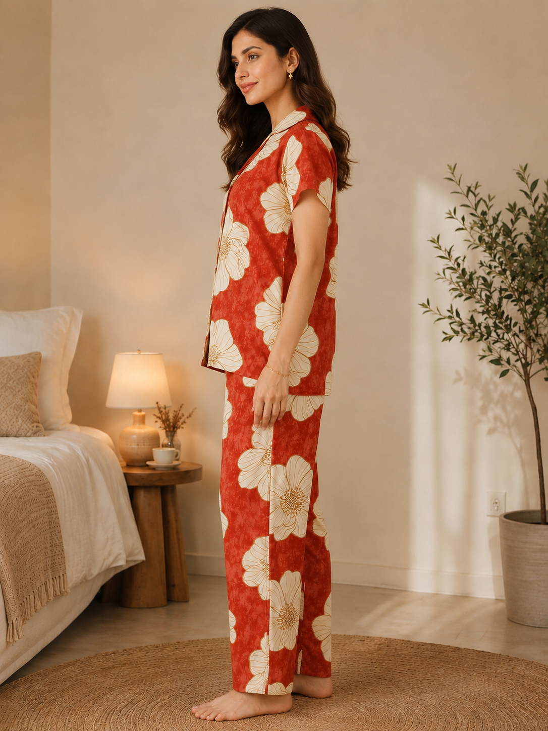 Red Color Viscose Rayon Floral Printed Night Suit for Women | Claura