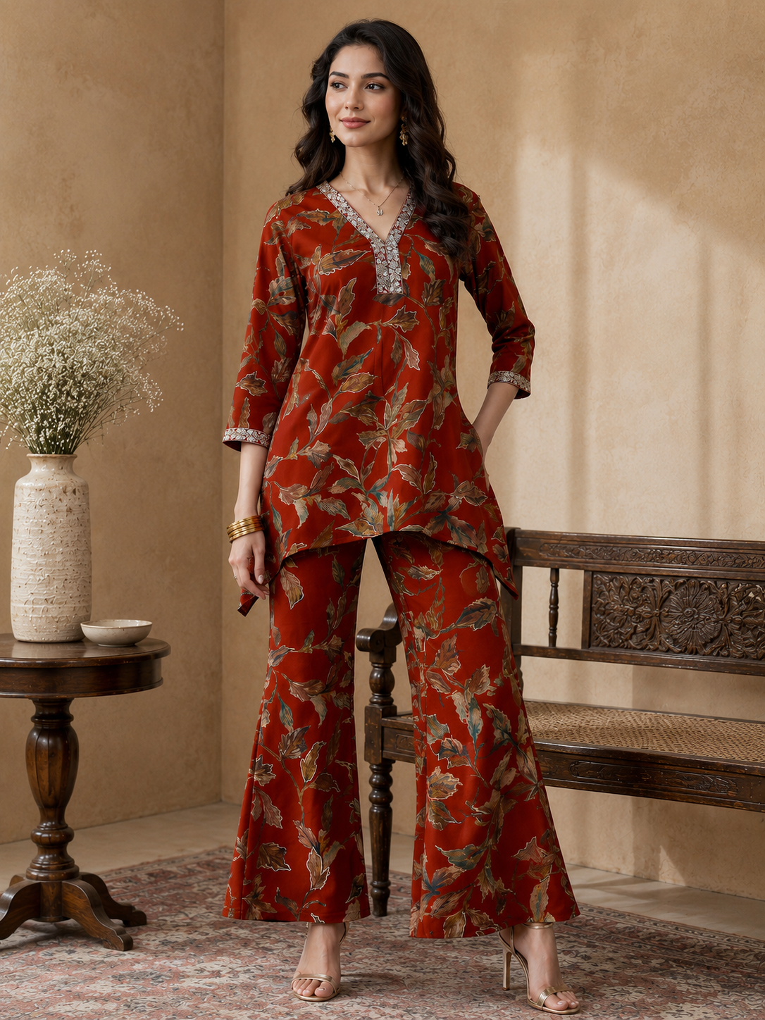 Rust Orange Floral Printed V-Neck Tunic with Printed Trousers Co-Ord Set