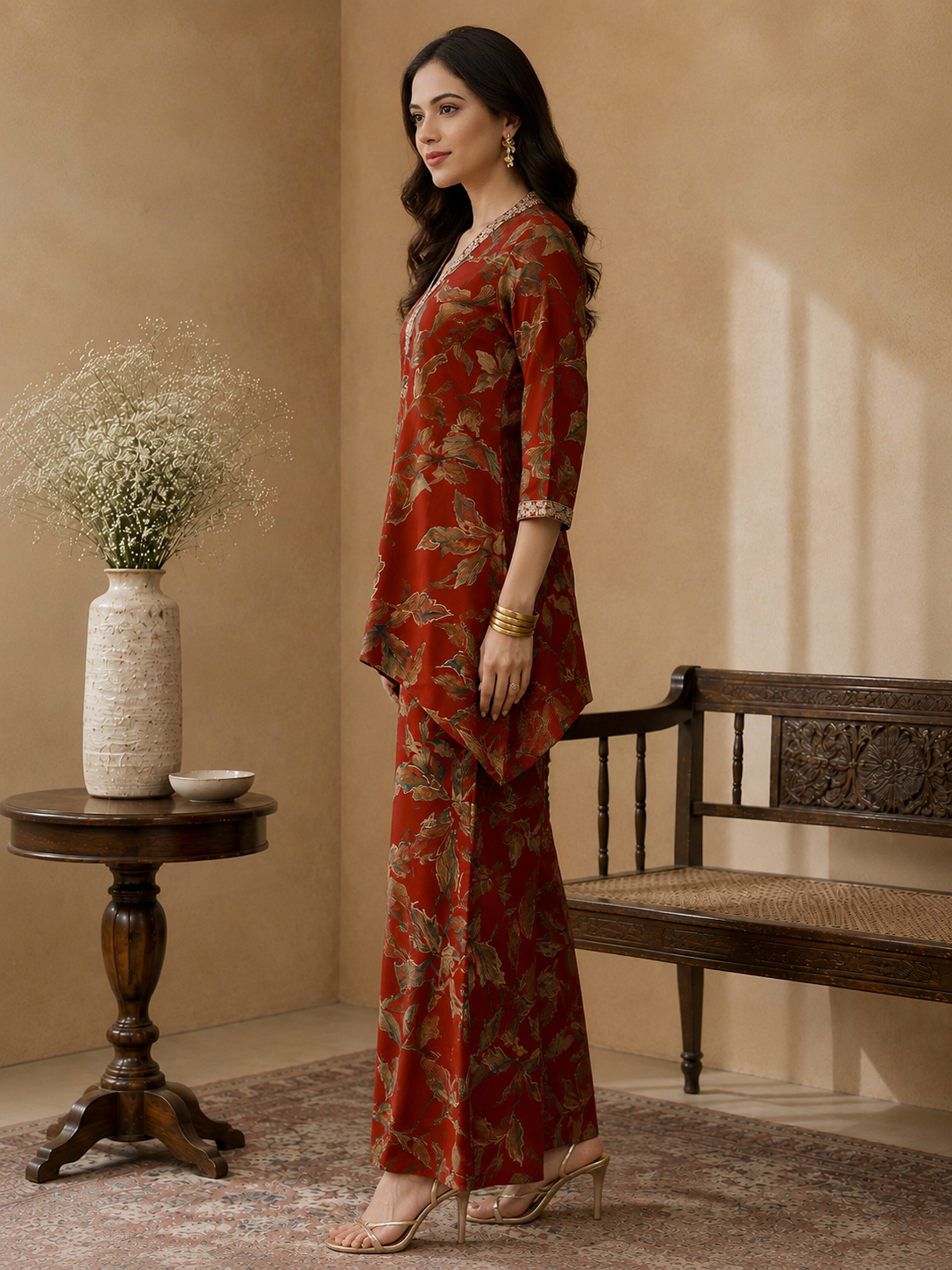 Rust Orange Floral Printed V-Neck Tunic with Printed Trousers Co-Ord Set