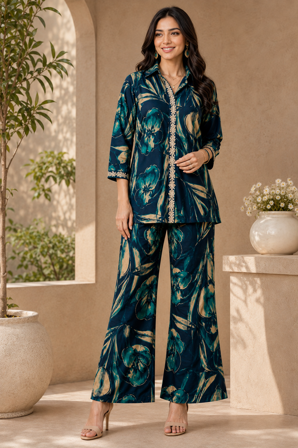 Blue Floral Print Shirt Collar Co-Ord Set with Trousers | Claura