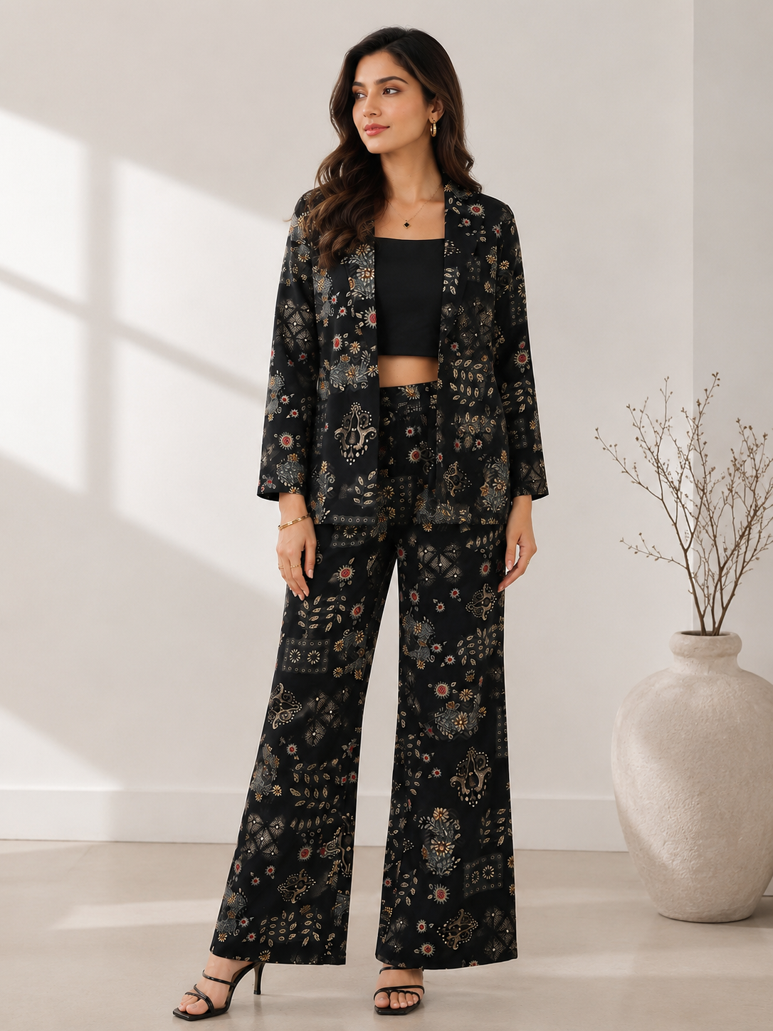 Black Chanderi Silk Co-Ord Set for Women With Jacket