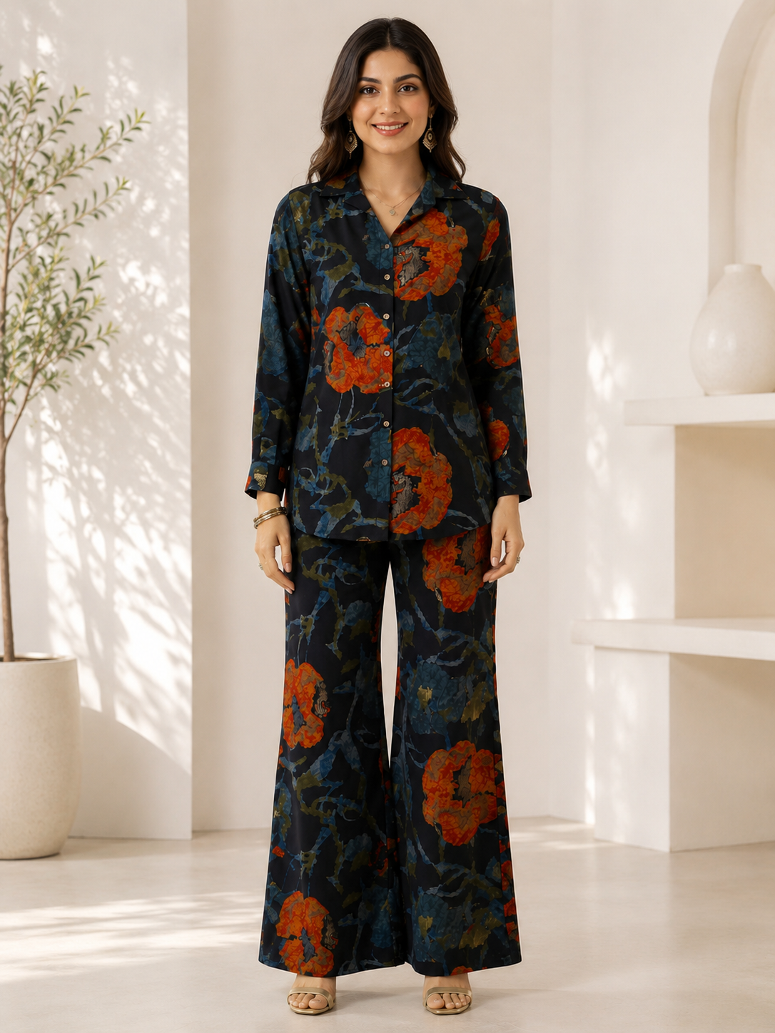 Navy Blue Floral Chanderi Silk Shirt Collar Co-Ord Set Women