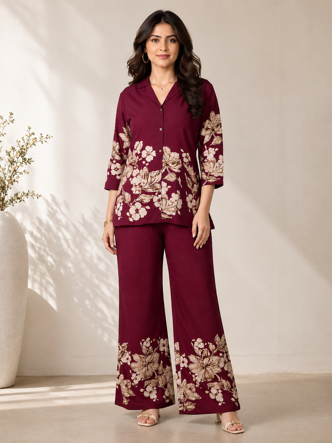 Wine Floral Printed Chanderi Silk Co-Ord Set for Women
