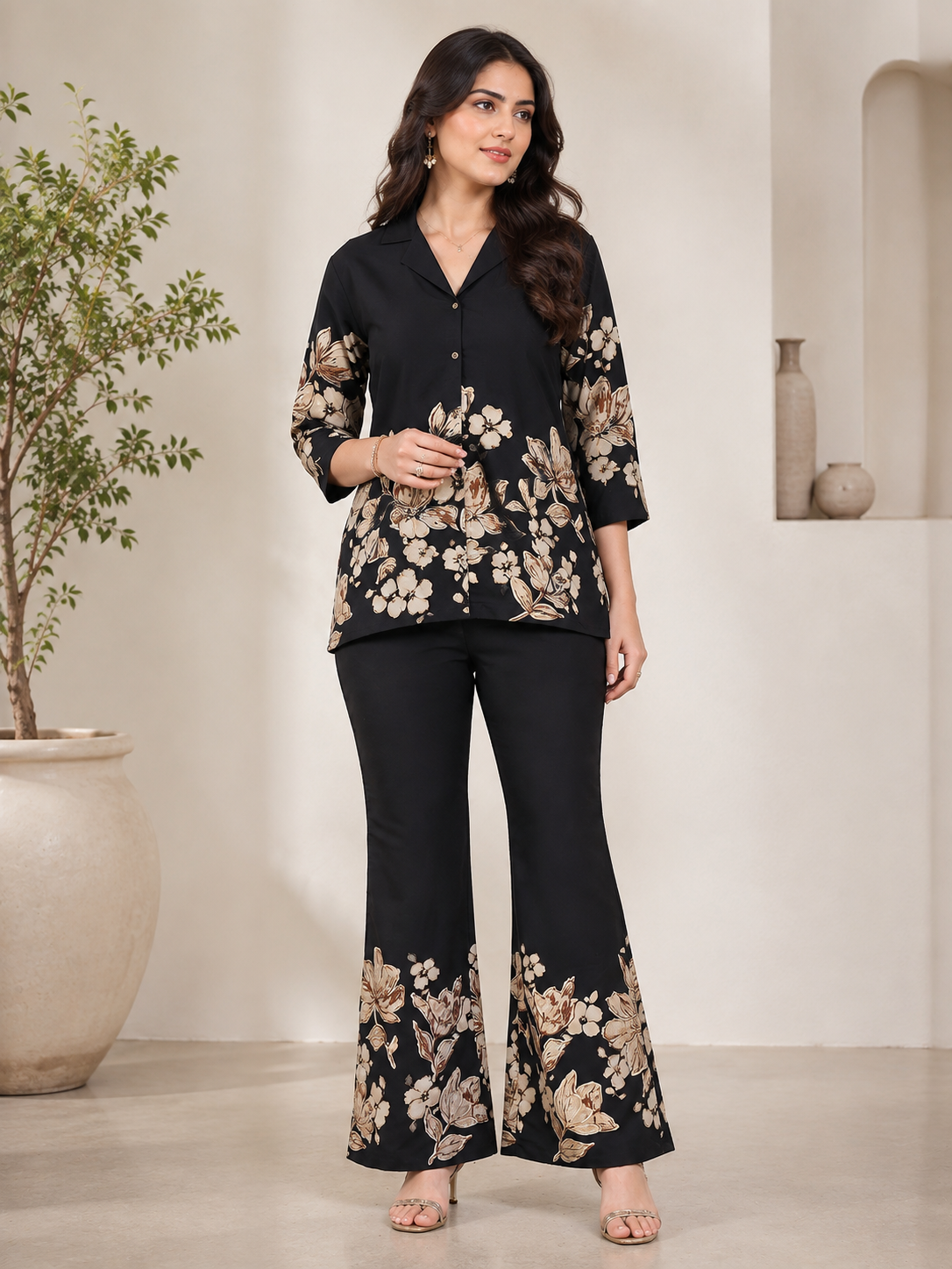 Black Chanderi Silk Floral Co-Ord Set for Women | Claura