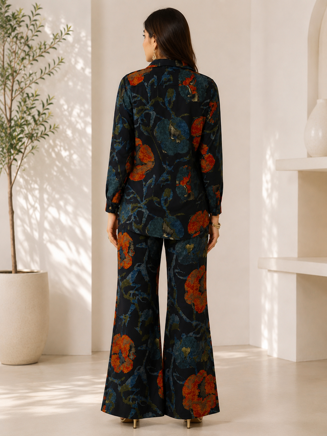 Navy Blue Floral Chanderi Silk Shirt Collar Co-Ord Set Women