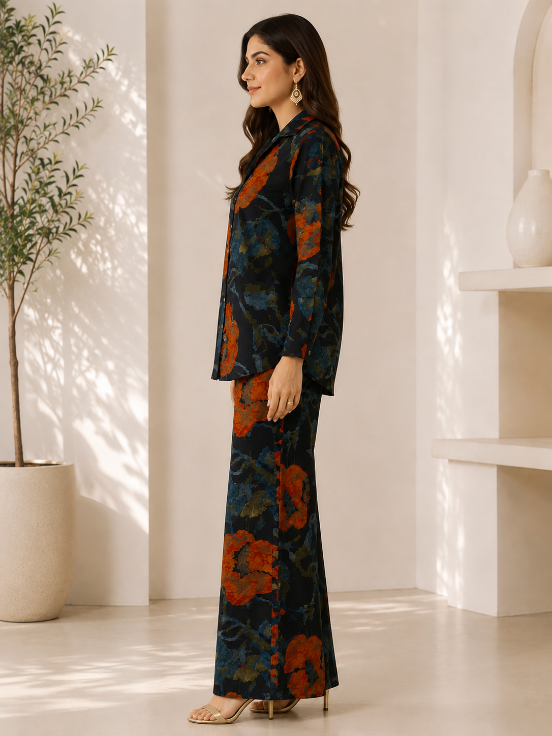 Navy Blue Floral Chanderi Silk Shirt Collar Co-Ord Set Women