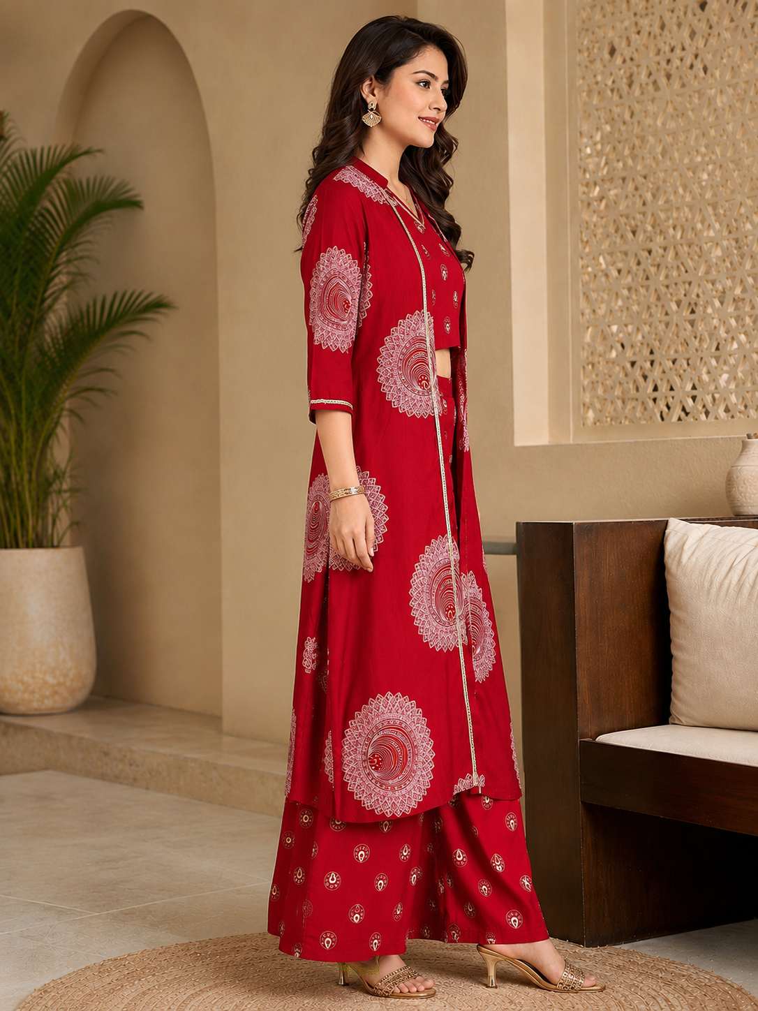 Red Ethnic Chanderi Silk Co-Ord Set for Women with Jacket