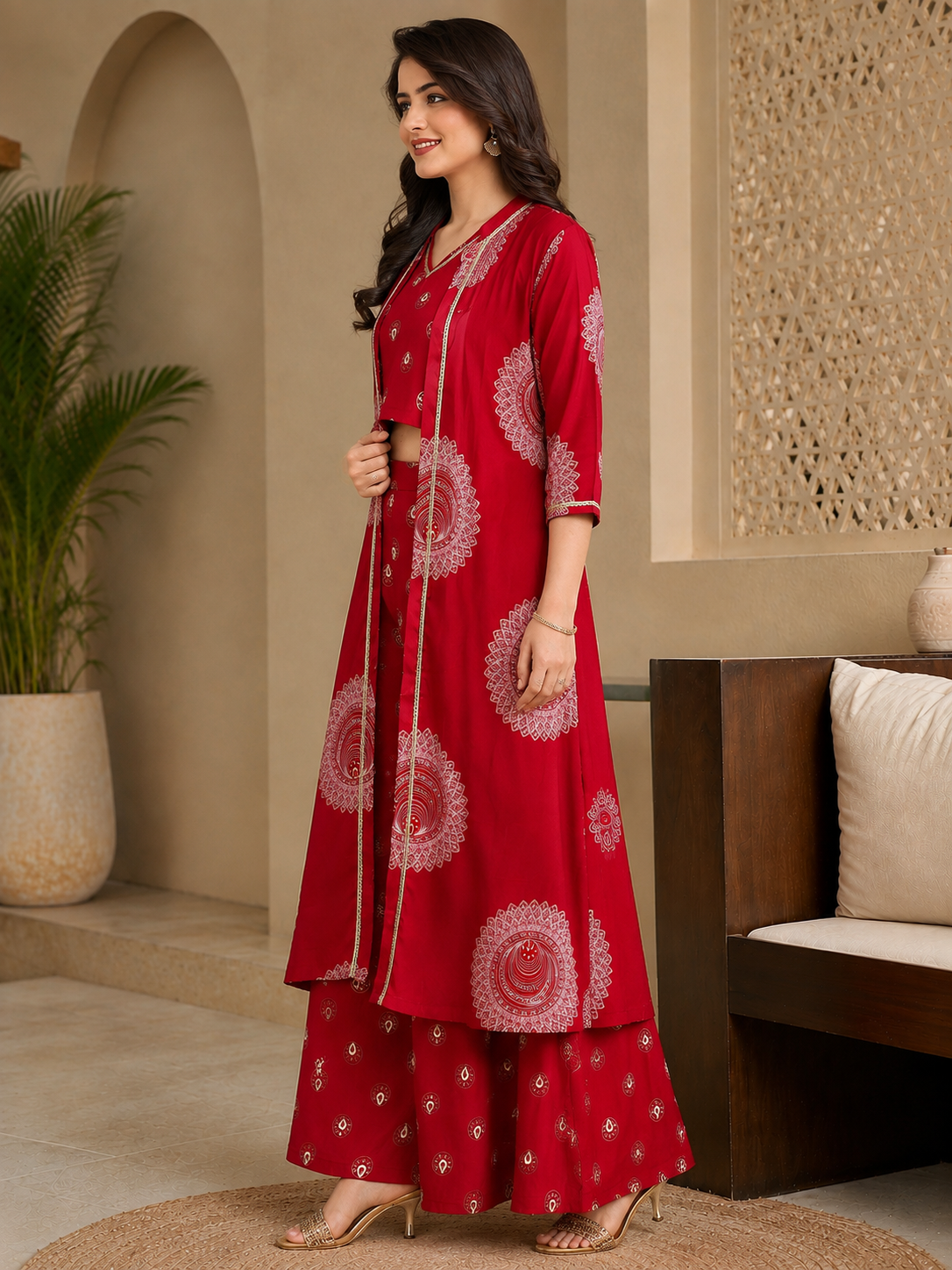 Red Ethnic Chanderi Silk Co-Ord Set for Women with Jacket