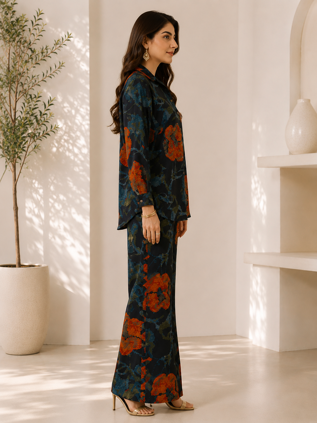 Navy Blue Floral Chanderi Silk Shirt Collar Co-Ord Set Women