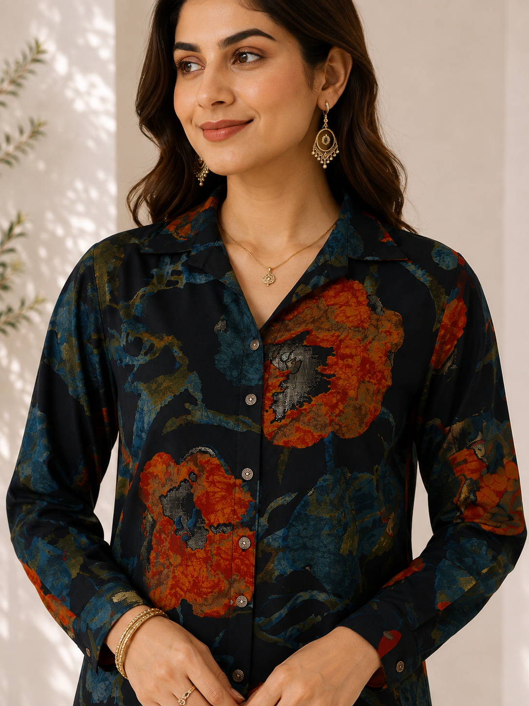 Navy Blue Floral Chanderi Silk Shirt Collar Co-Ord Set Women