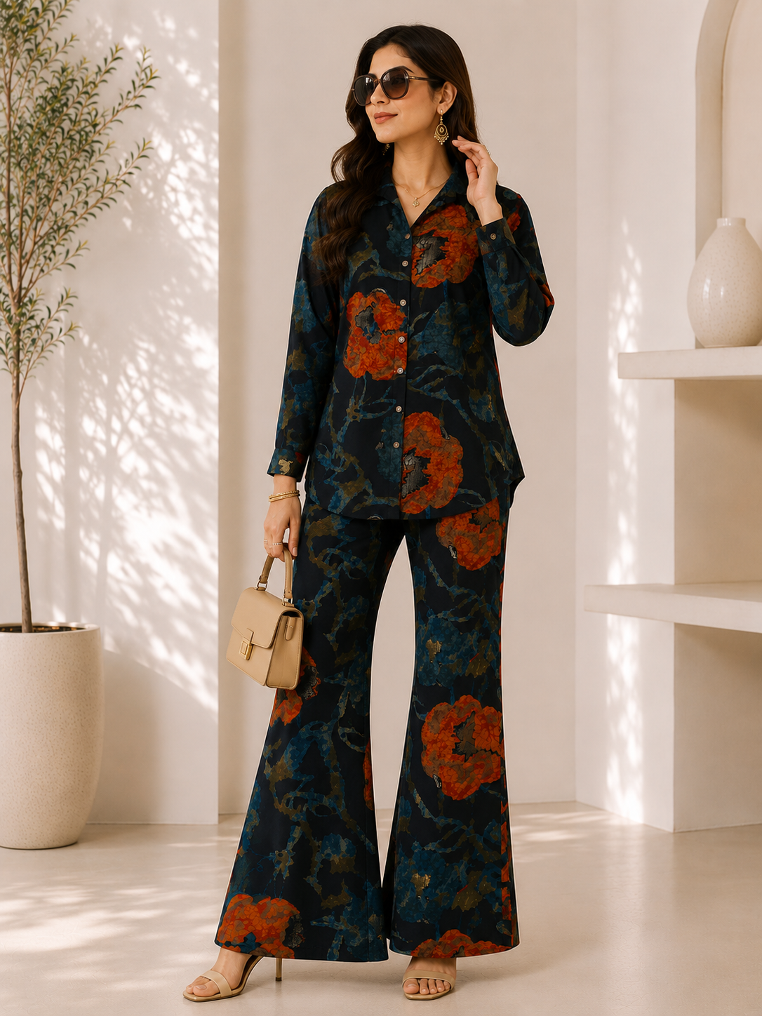 Navy Blue Floral Chanderi Silk Shirt Collar Co-Ord Set Women