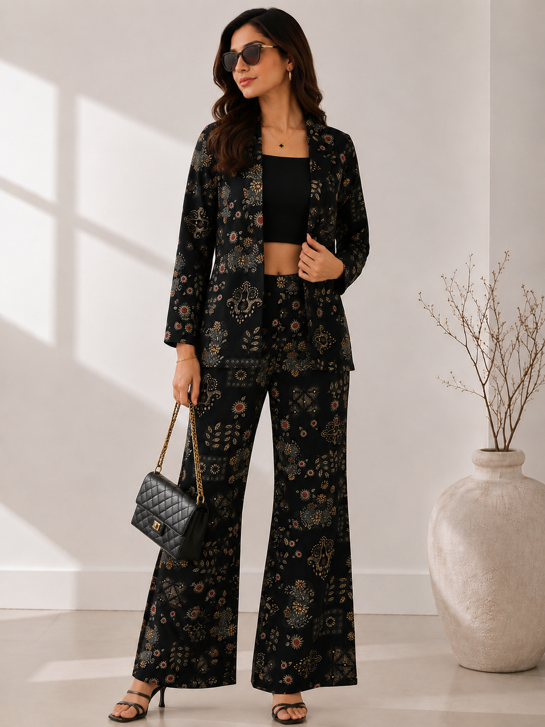 Black Chanderi Silk Co-Ord Set for Women With Jacket