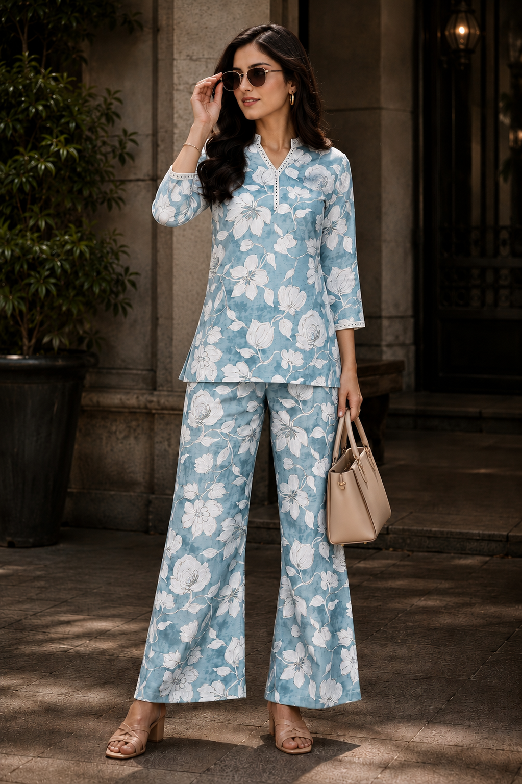 Blue Floral Chanderi Silk Co-Ord Set for Women 3/4 Sleeves