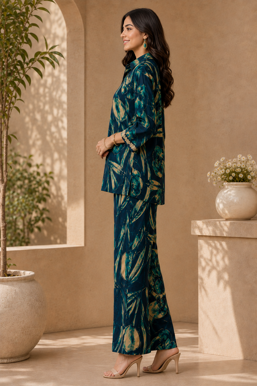 Blue Floral Print Shirt Collar Co-Ord Set with Trousers | Claura