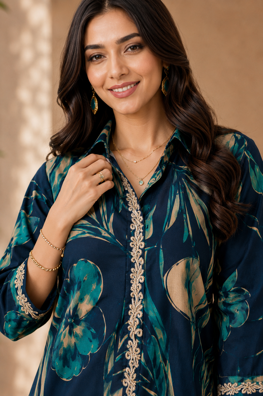 Blue Floral Print Shirt Collar Co-Ord Set with Trousers | Claura