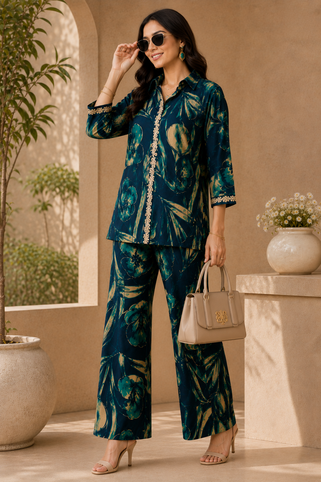 Blue Floral Print Shirt Collar Co-Ord Set with Trousers | Claura