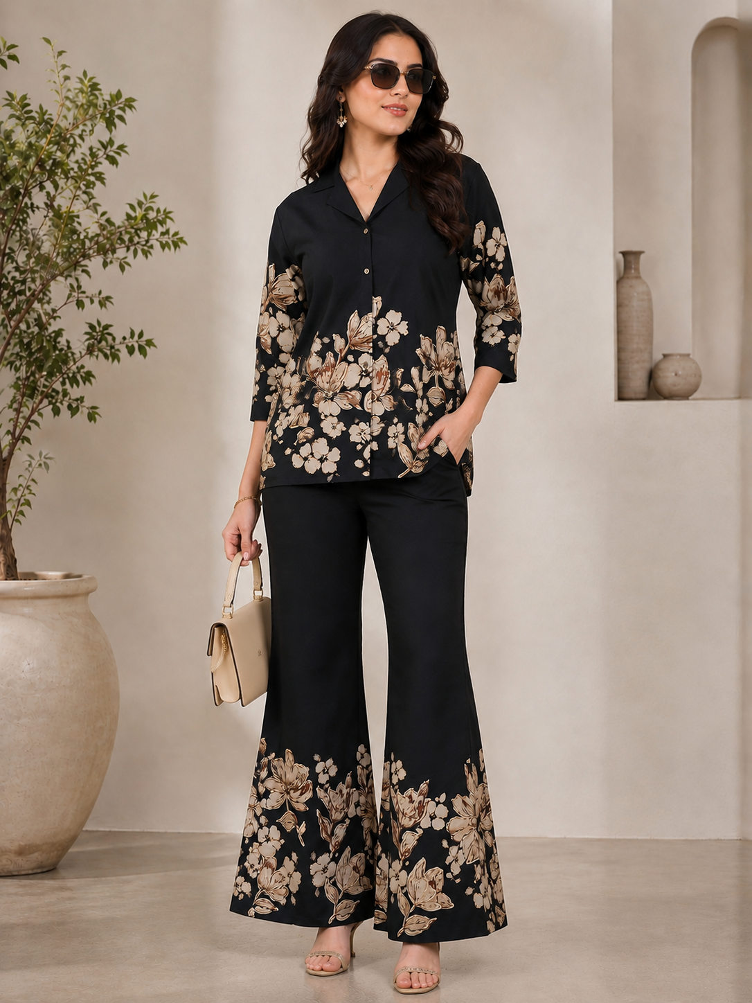 Black Chanderi Silk Floral Co-Ord Set for Women | Claura