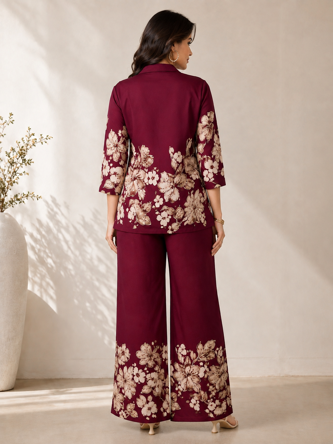Wine Floral Printed Chanderi Silk Co-Ord Set for Women