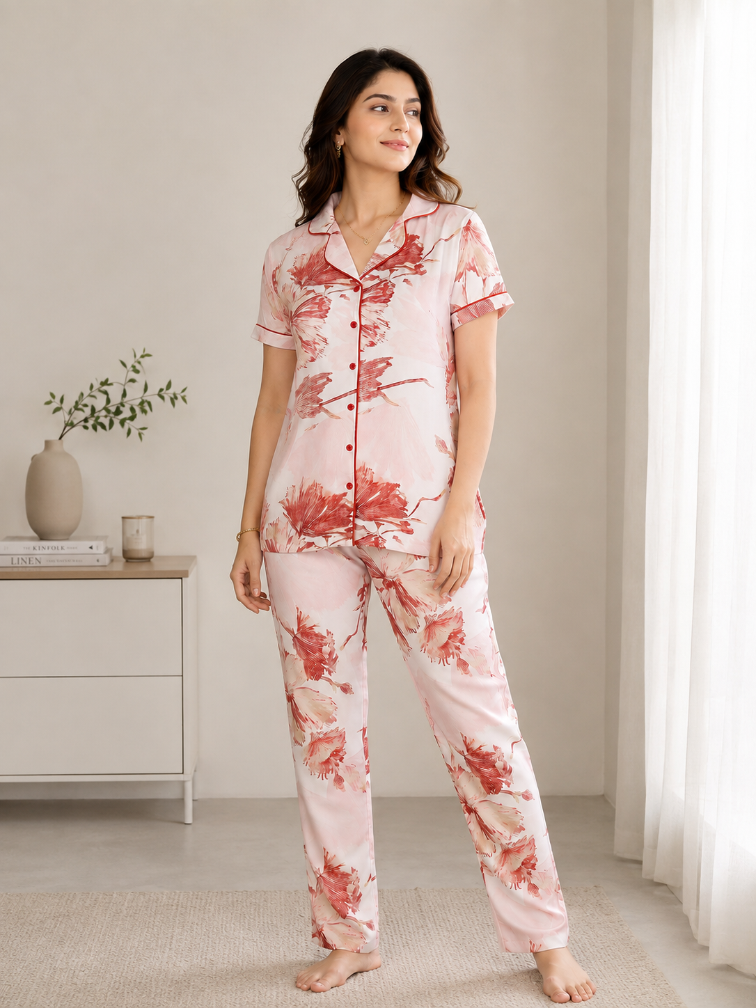 Pink Floral Viscose Rayon Night Suit for Women | Claura