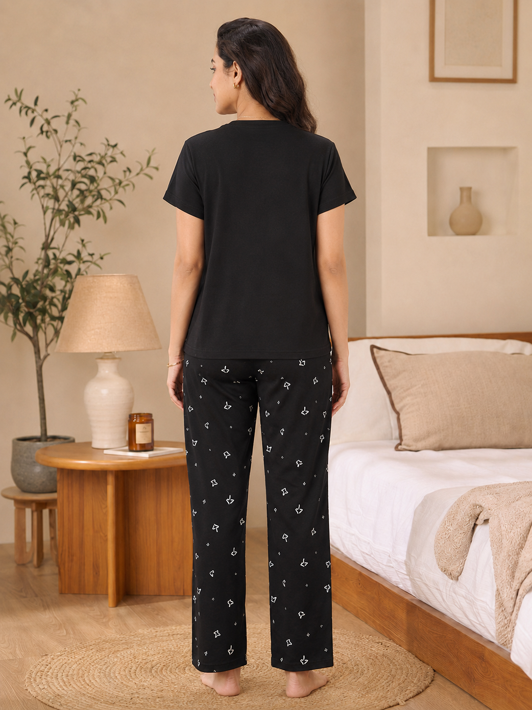 Black & White Geometric Viscose Rayon Night Suit for Women | Claura