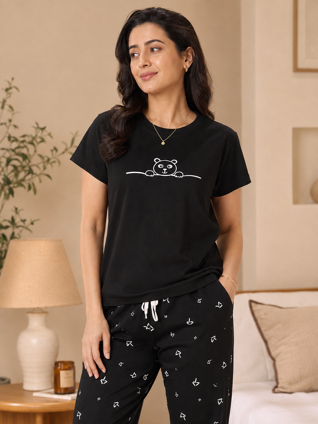Black & White Geometric Viscose Rayon Night Suit for Women | Claura
