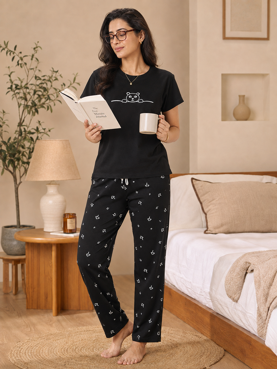 Black & White Geometric Viscose Rayon Night Suit for Women | Claura